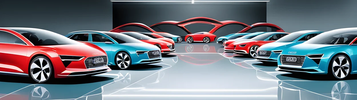 The image depicts Audi's new electric vehicles lined up for display at an automotive expo.