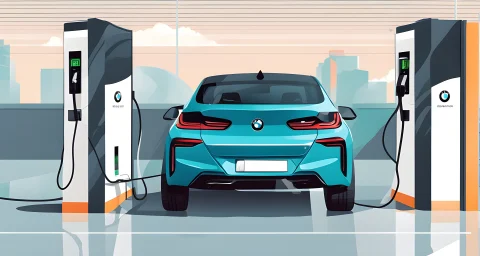 The image shows a sleek, electric BMW car being charged at a high-tech charging station.