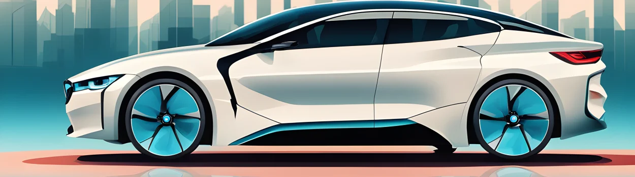 The image shows a sleek, modern electric car with the BMW logo prominently displayed on the front.