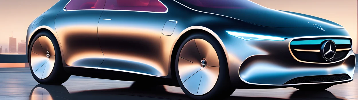 The image shows a sleek, modern Mercedes electric vehicle with a cutting-edge design and advanced technology features.