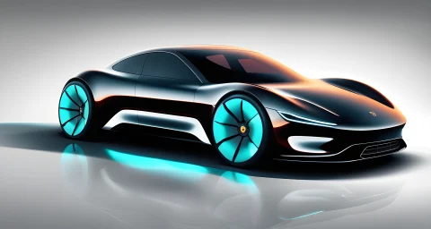 The image shows a sleek new electric Porsche vehicle with cutting-edge design and a futuristic aesthetic.