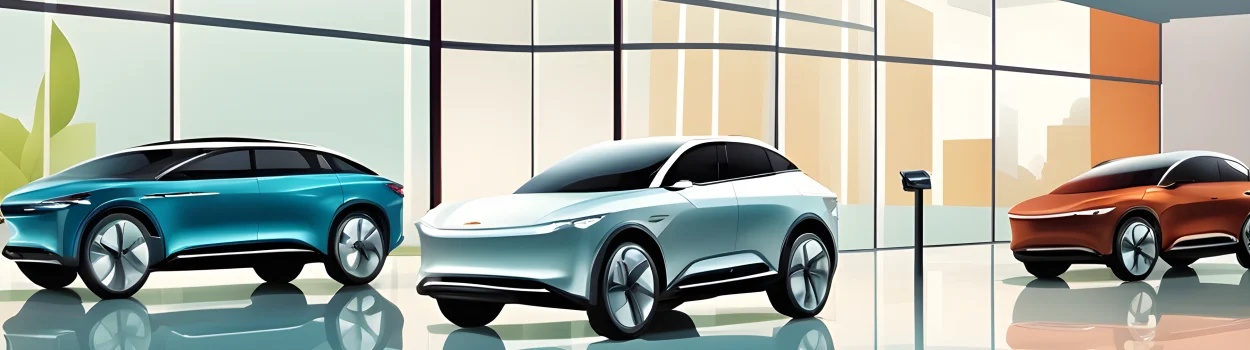 The image shows two sleek, modern electric vehicles - one sedan and one SUV - in a showroom.