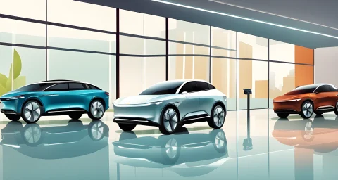 The image shows two sleek, modern electric vehicles - one sedan and one SUV - in a showroom.