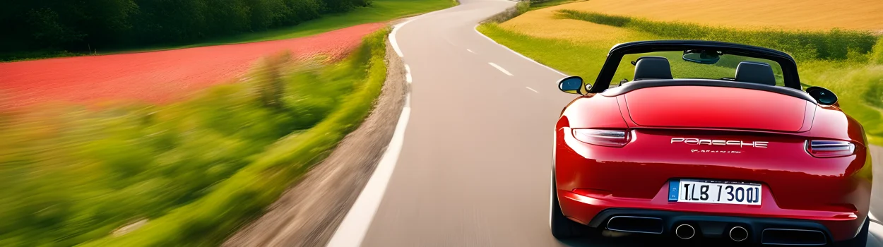 A red convertible Porsche driving on a winding road through a picturesque countryside.
