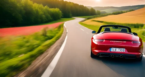 A red convertible Porsche driving on a winding road through a picturesque countryside.