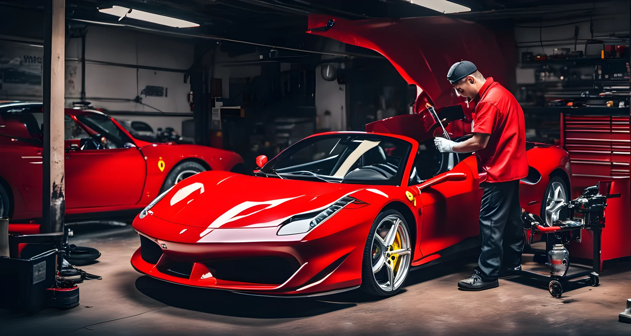 A red Ferrari sports car with a hood open and a mechanic working on the engine.