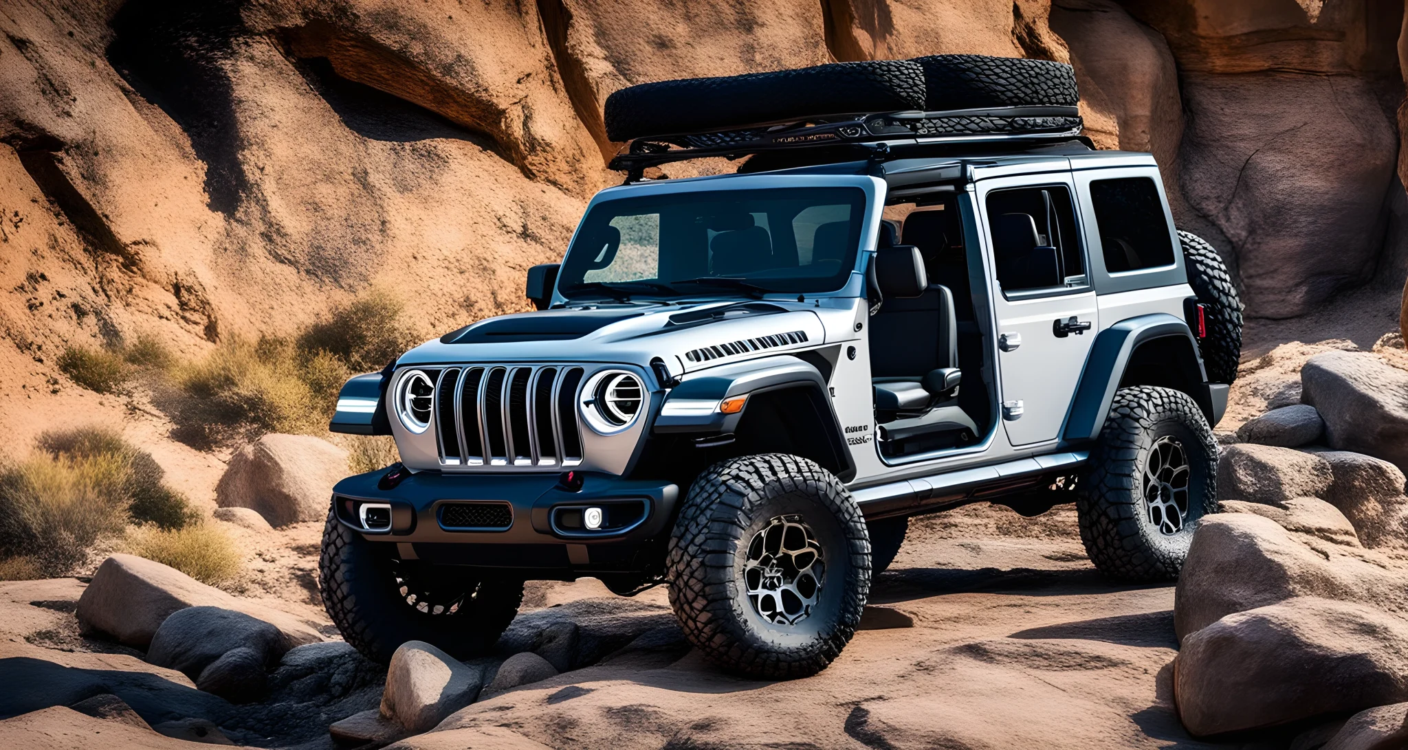 A rugged 2023 Jeep Wrangler Rubicon parked on a rocky off-road trail, equipped with off-roading tires and a lifted suspension.