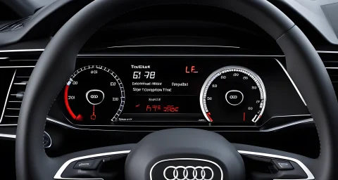 An Audi car with a digital fuel consumption display and a hybrid engine.