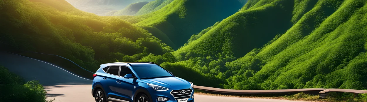 Image features a Hyundai car on a winding mountain road surrounded by lush greenery and mountain peaks in the distance.