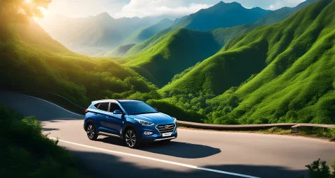 Image features a Hyundai car on a winding mountain road surrounded by lush greenery and mountain peaks in the distance.