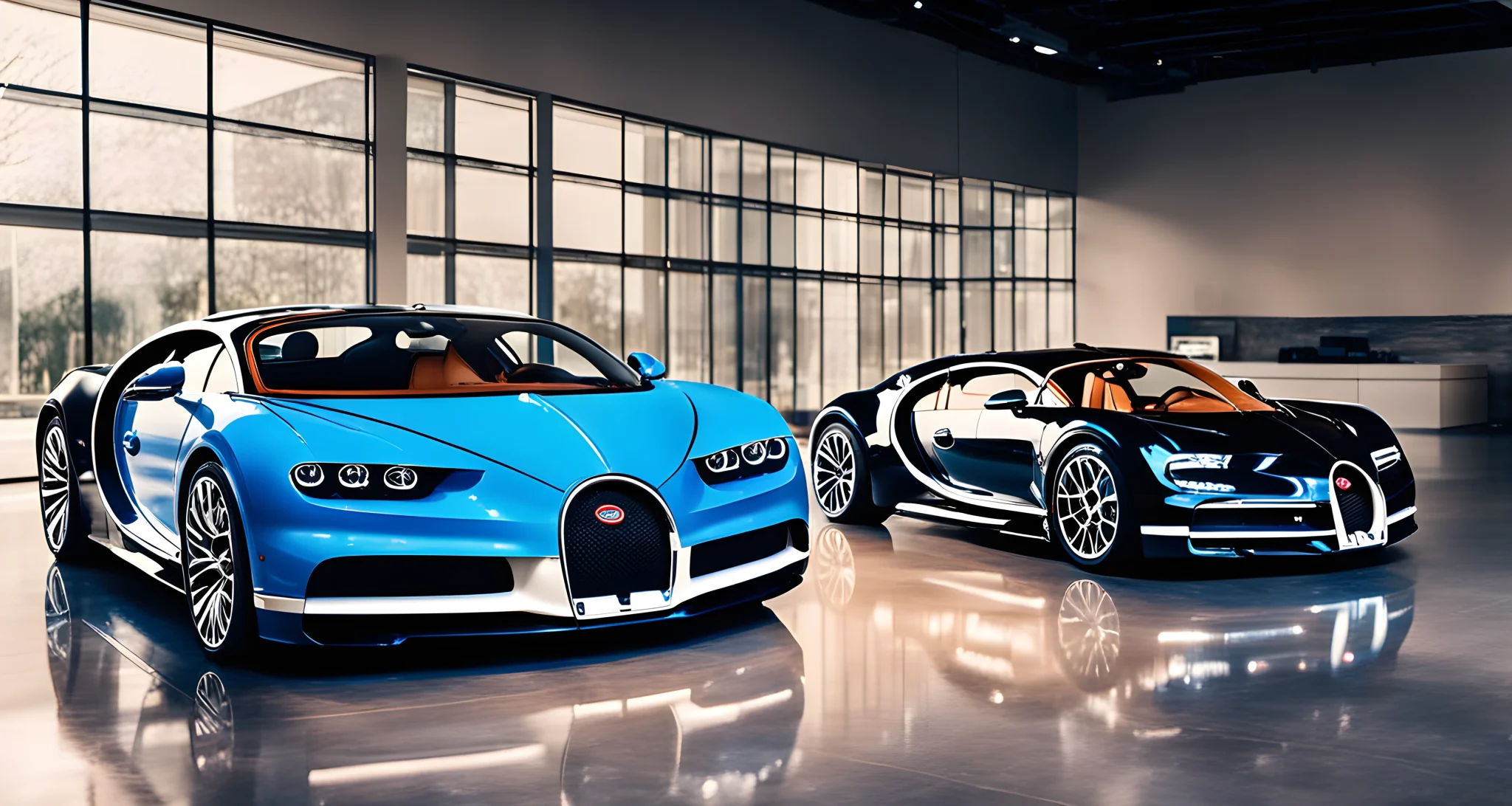 Image of a Bugatti Chiron and Veyron parked side by side on a luxurious showroom floor.