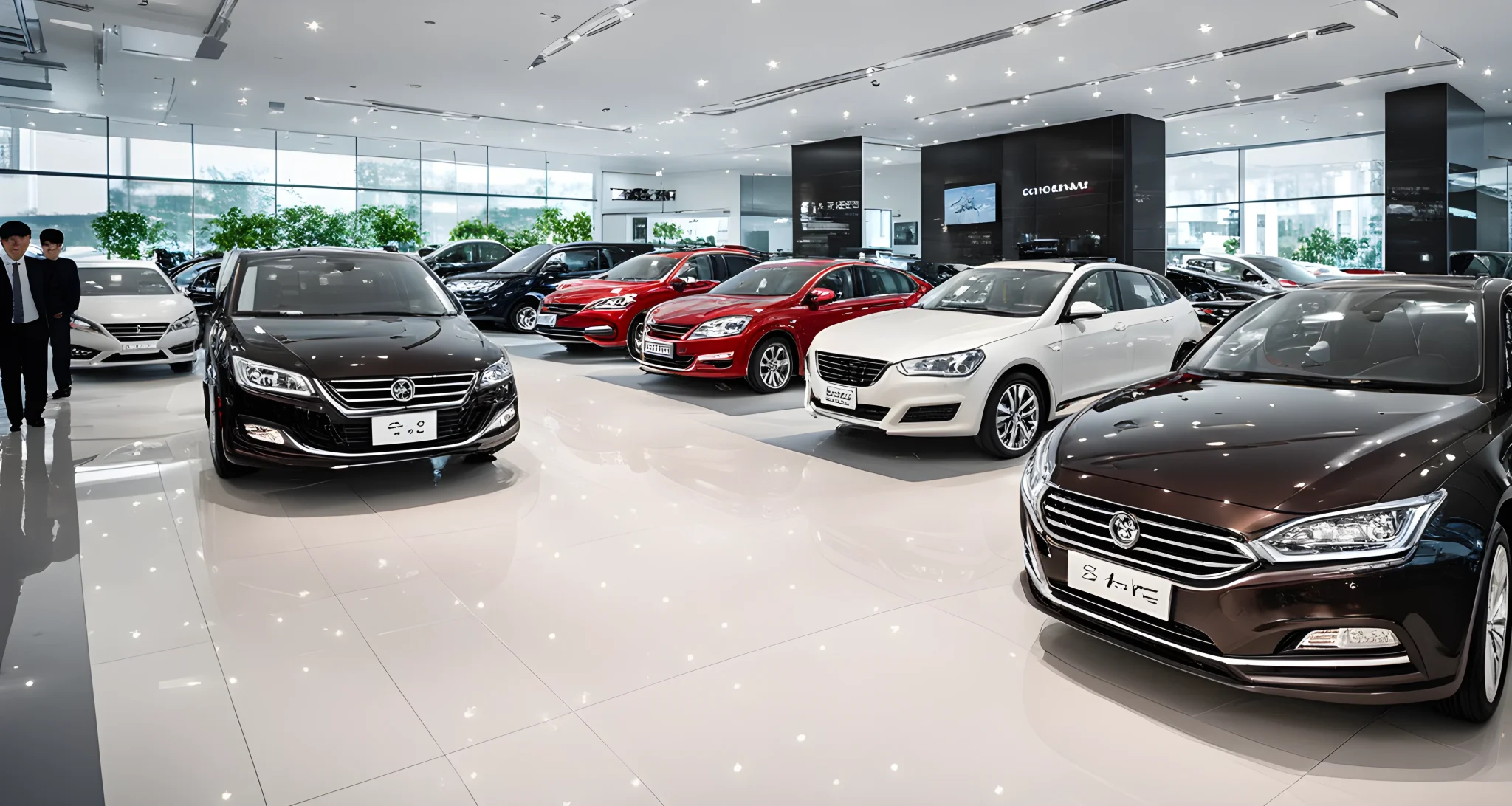 Image of a car dealership showroom in China with various car models on display and sales representatives assisting customers.