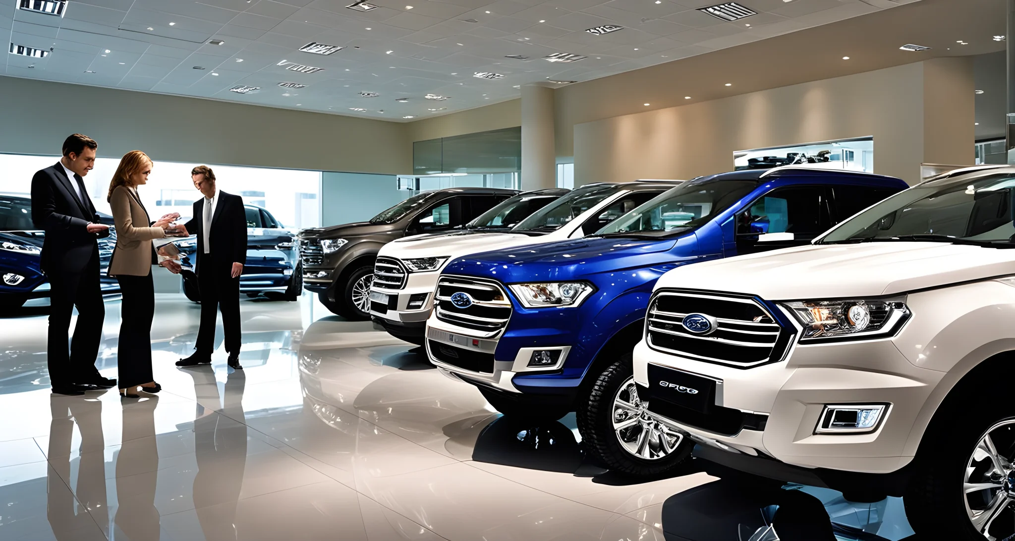 In a car dealership showroom, there are various models of Ford vehicles on display. Sales representatives are talking to customers, and the negotiation process can be seen taking place.