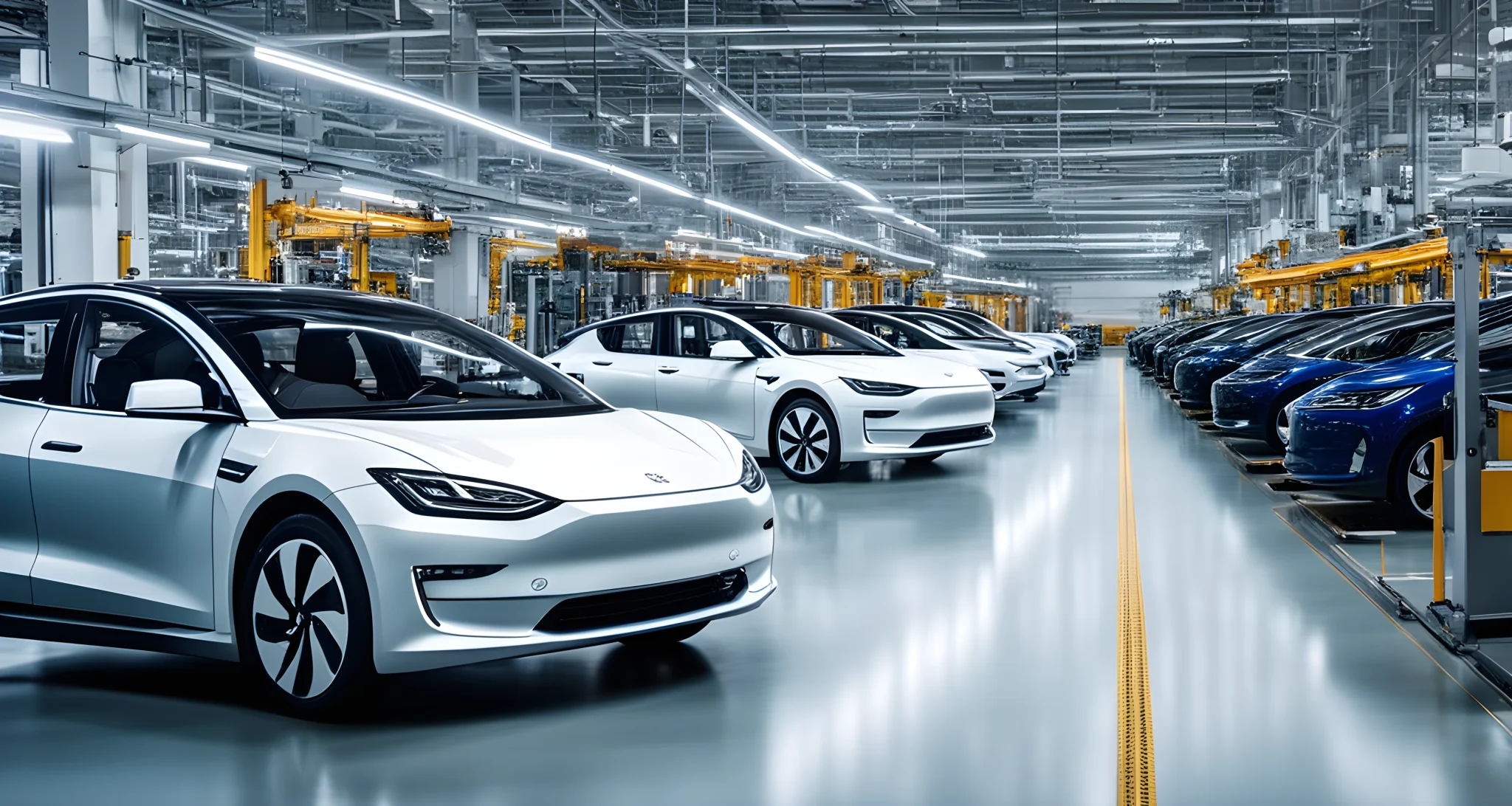 In the image, there are electric vehicles and hybrid models displayed in a manufacturing facility.