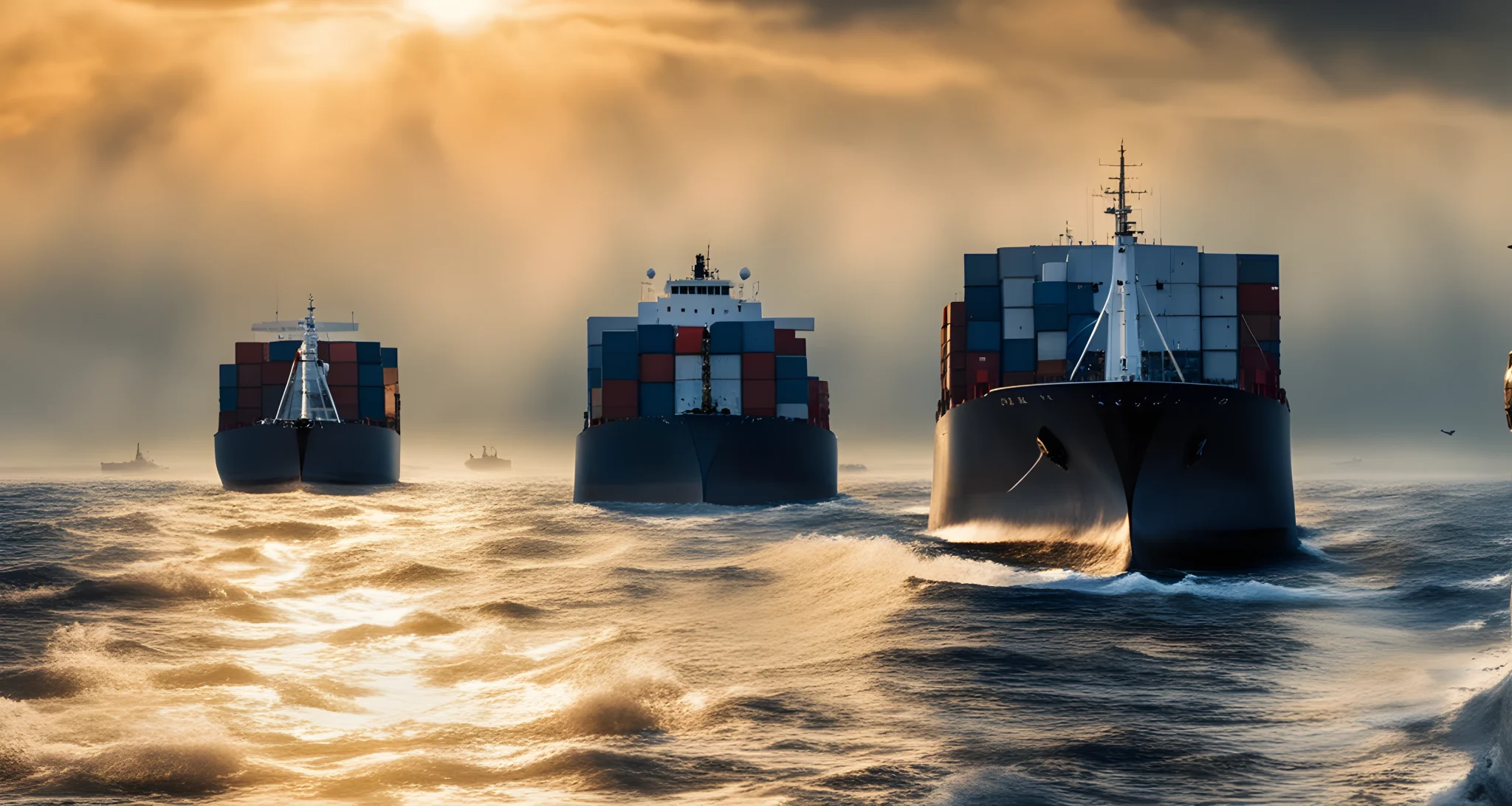 In the image, there are two cargo ships sailing on the sea.