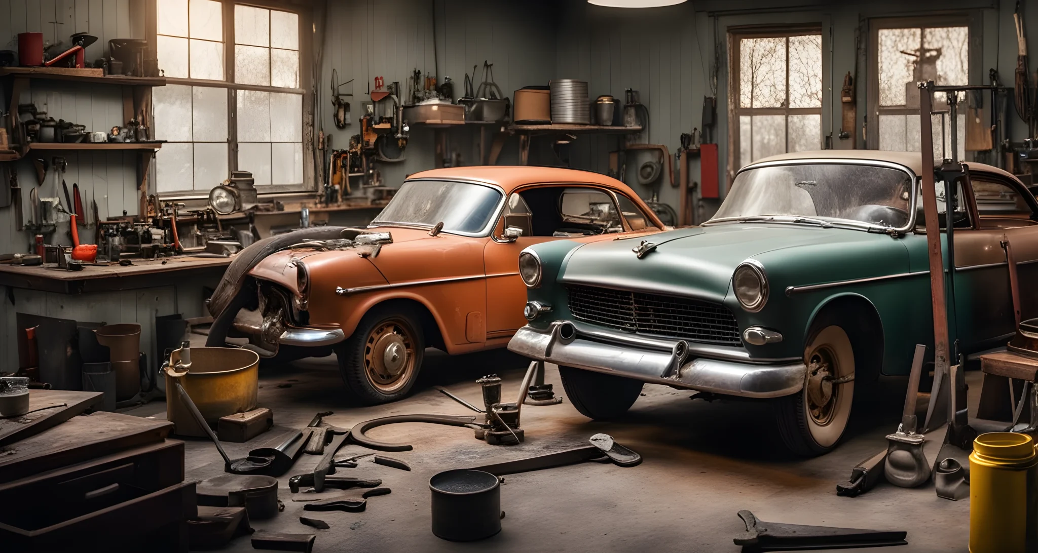 In the image, there are two vintage cars being restored in a workshop. Tools and equipment such as car jacks, wrenches, and paint cans are scattered across the workbenches.
