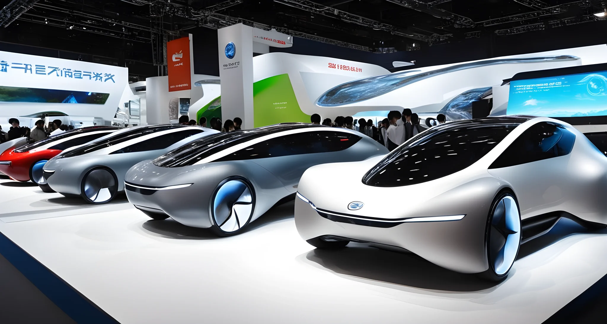 In the image, there are various futuristic concept cars, electric vehicle charging stations, and high-tech automobile prototypes on display at a Japanese auto show.