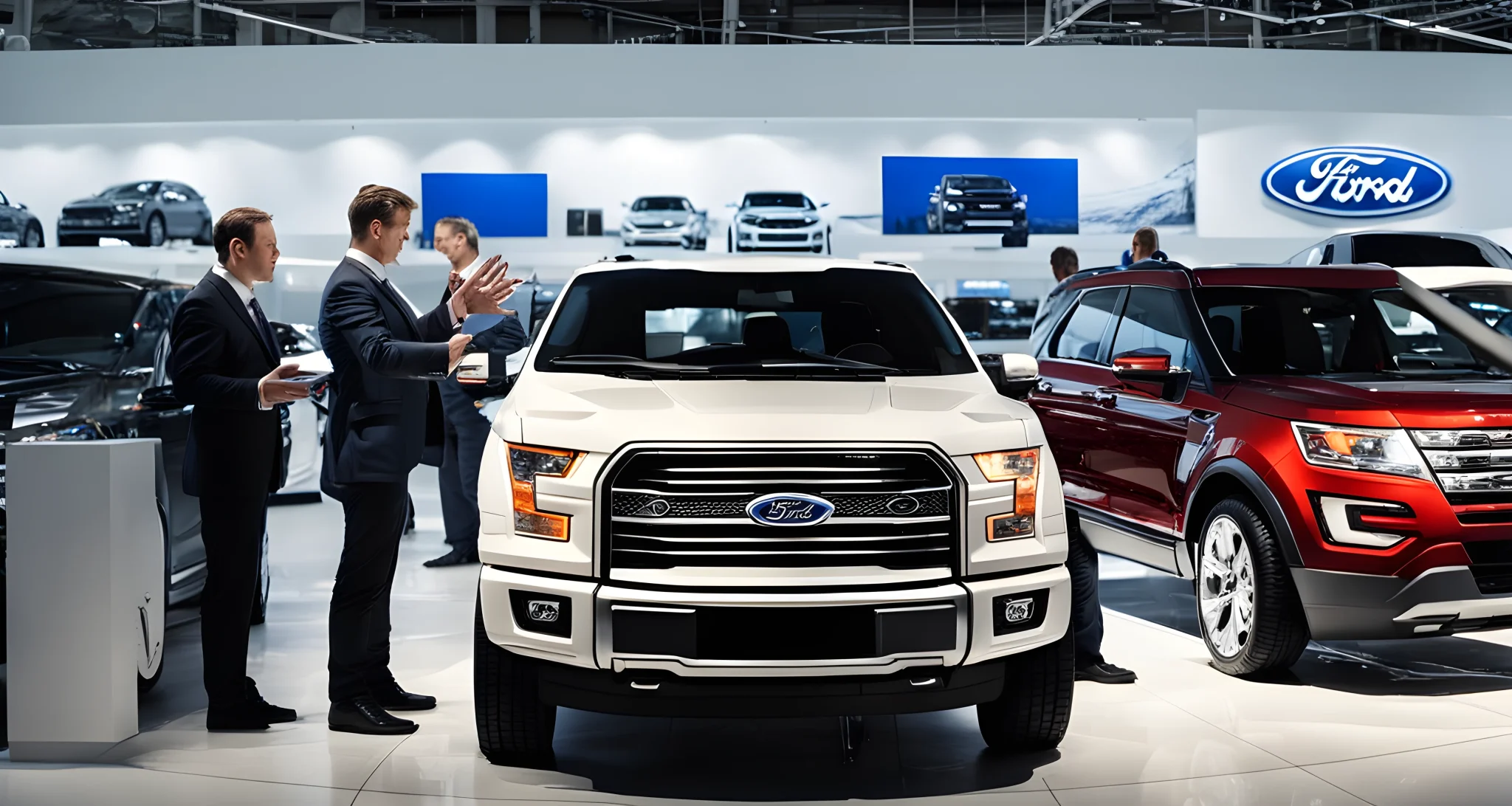In the image, there is a new Ford vehicle surrounded by a dealer and a customer negotiating the price.