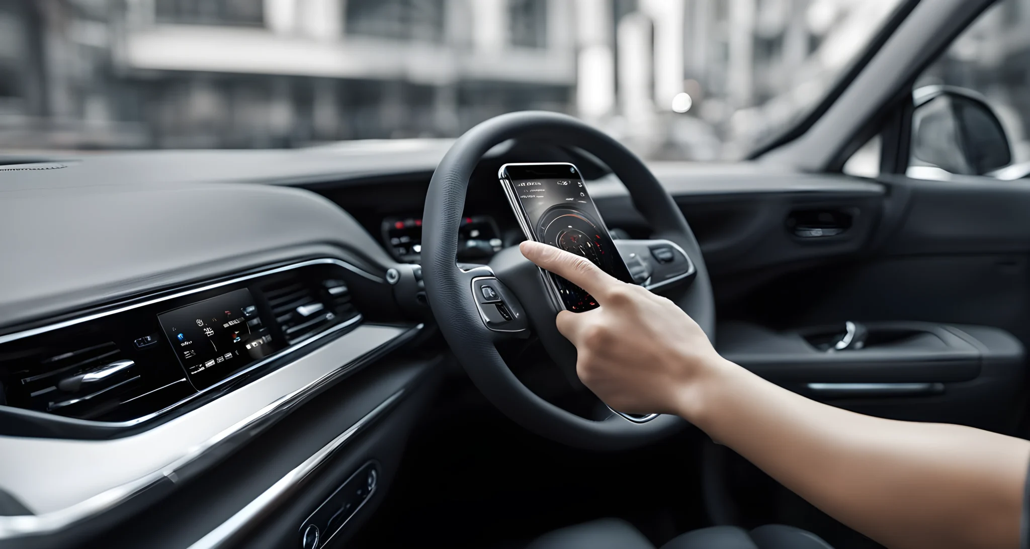 In the image, there is a smartphone integrated with a vehicle's dashboard.