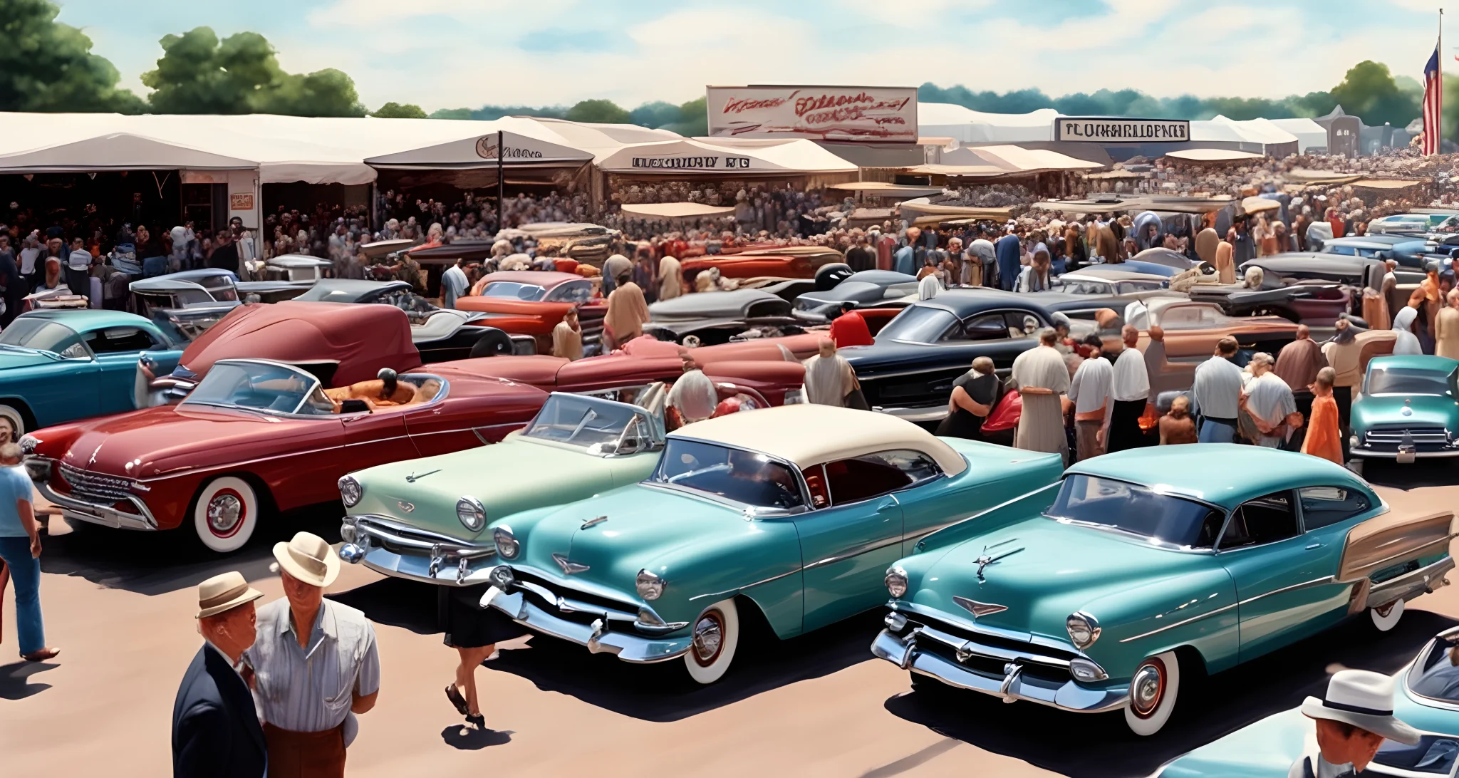 The image depicts a crowded car show with a variety of vintage and modern vehicles on display. People can be seen mingling and admiring the cars.