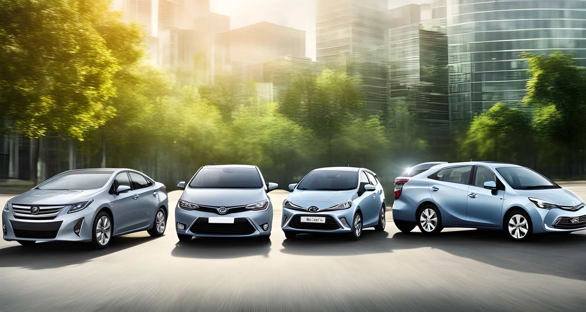 The image depicts a lineup of the latest hybrid vehicles from various car manufacturers.