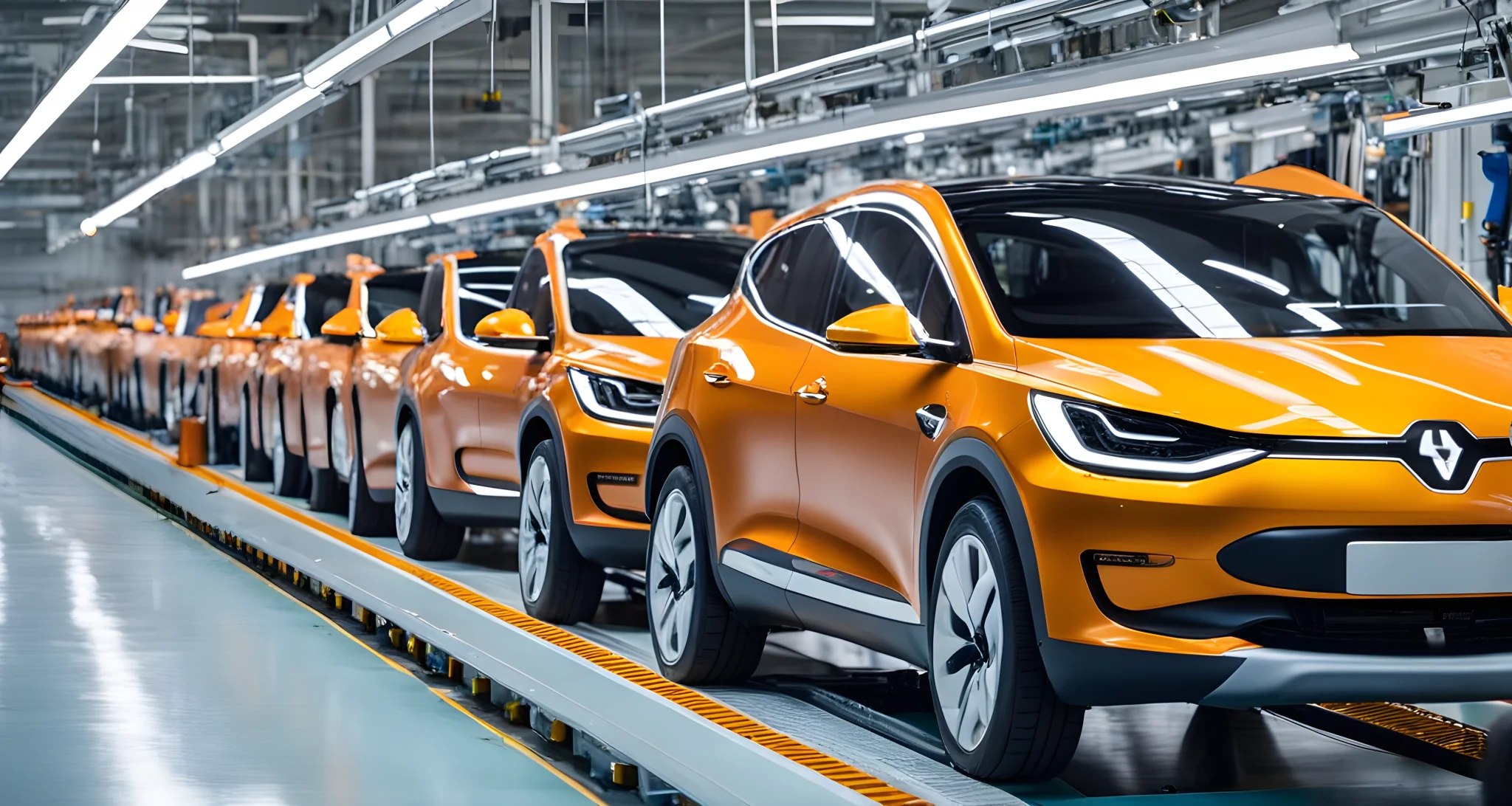 The image depicts a row of electric cars on a factory production line, with workers overseeing the assembly process.