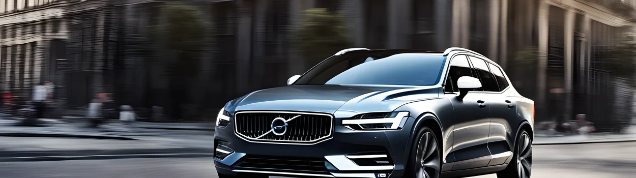 The image depicts a sleek, modern Volvo car with advanced sensor and radar technology integrated into the exterior.