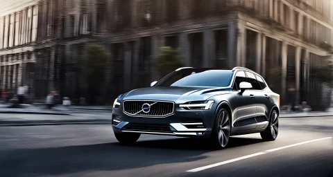 The image depicts a sleek, modern Volvo car with advanced sensor and radar technology integrated into the exterior.