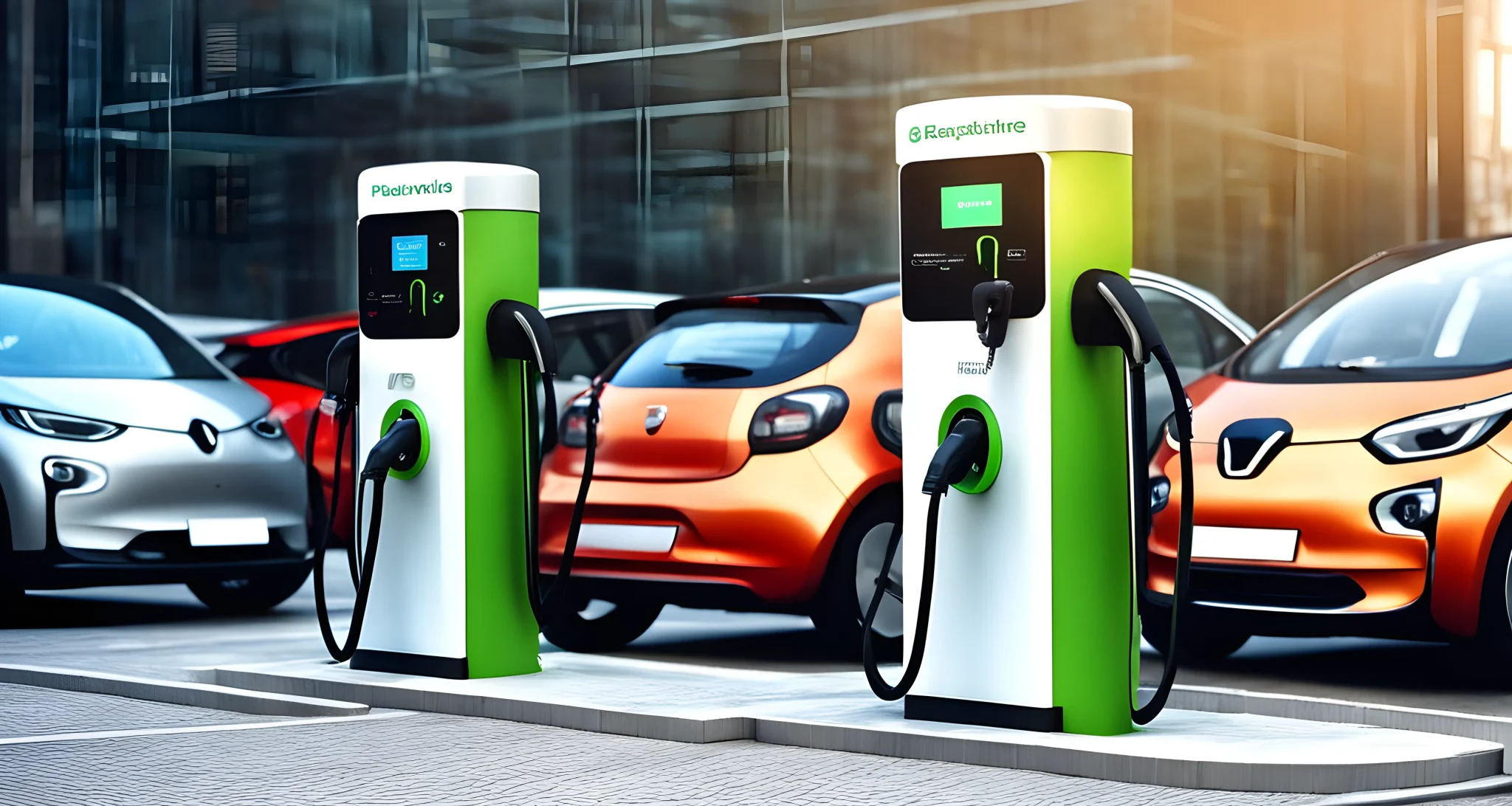 The image depicts a variety of electric vehicles and charging stations.