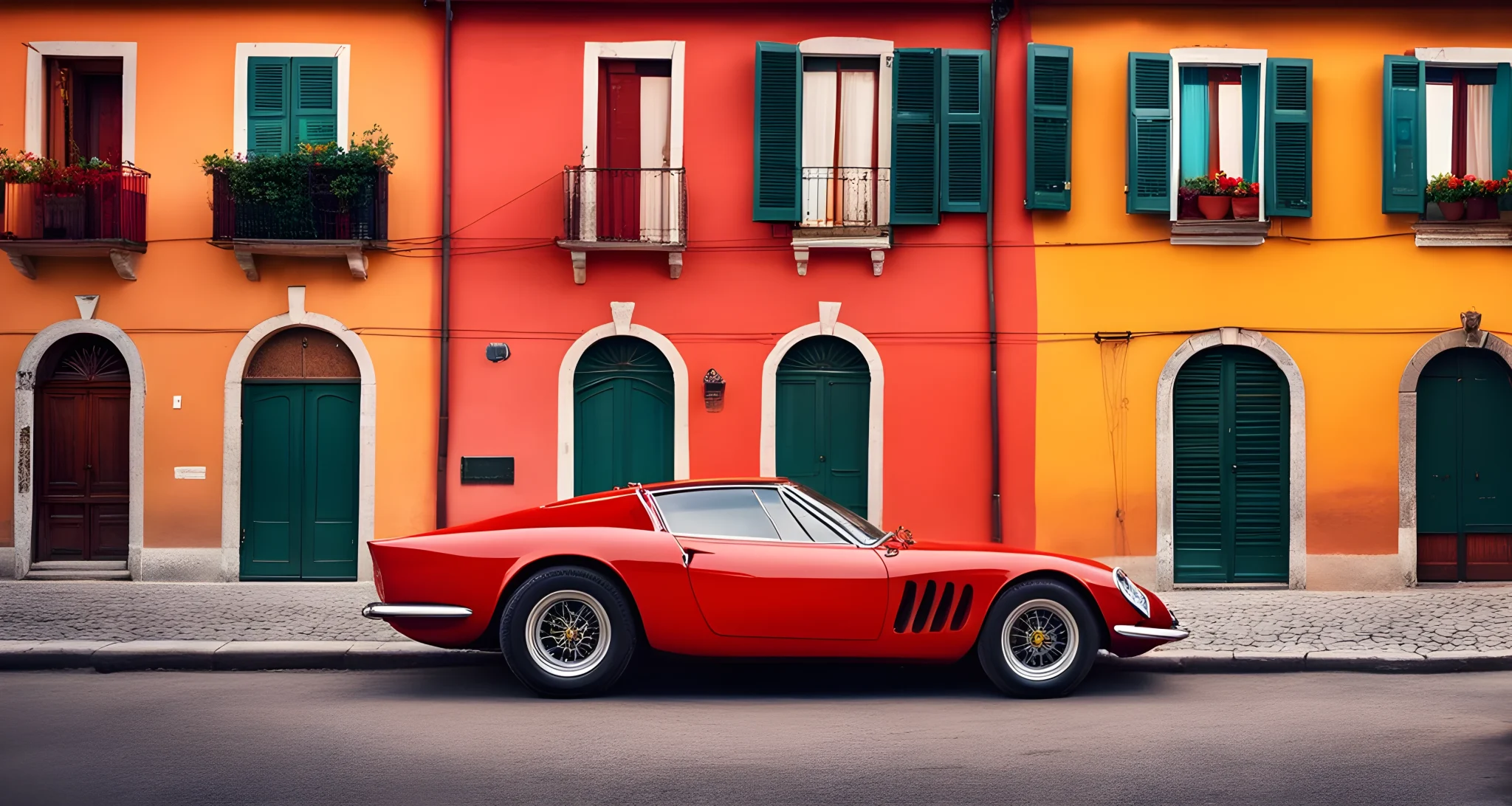 The image depicts a vintage red Ferrari parked next to a row of colorful houses in a small Italian village.