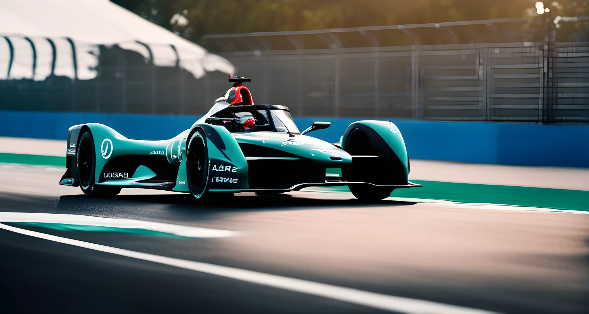 The image depicts the Jaguar I-TYPE race car in action on the Formula E track.