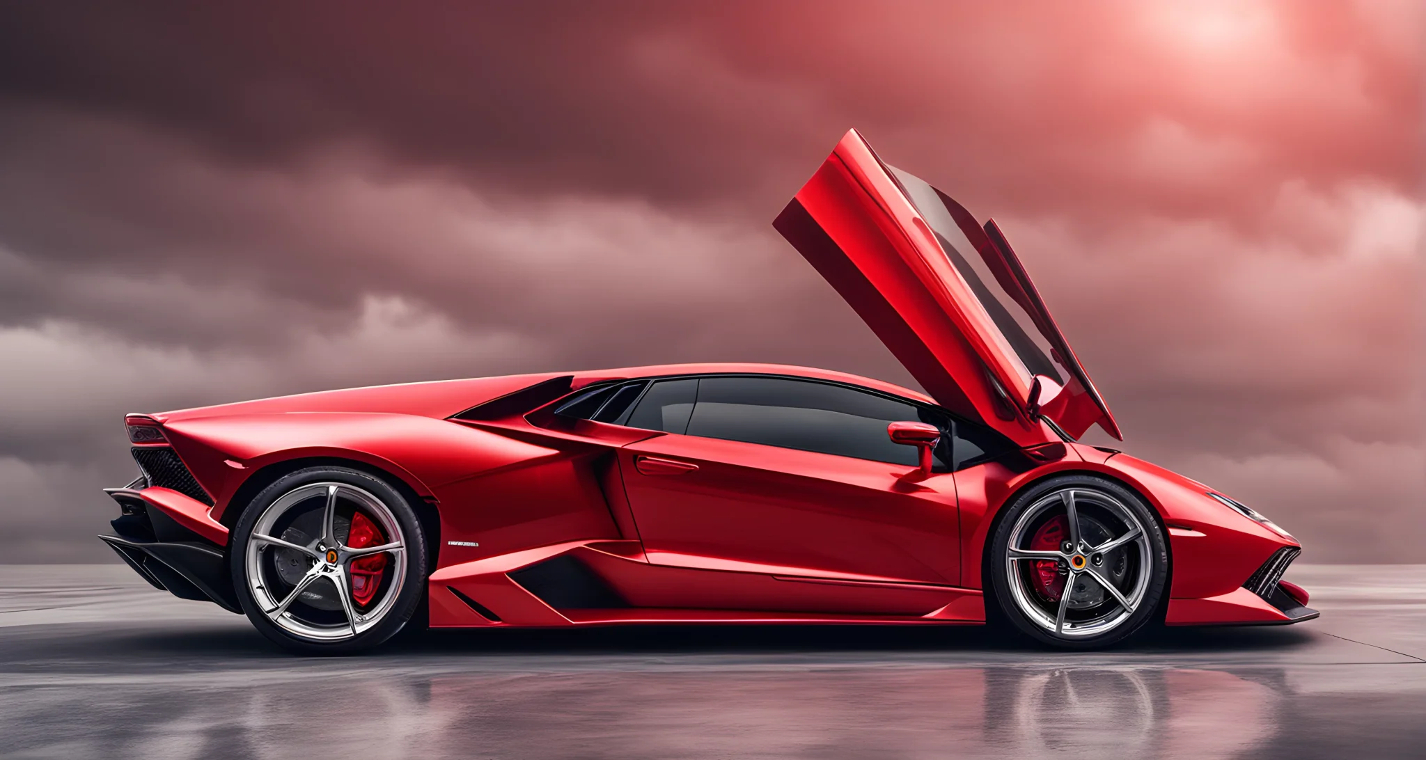 The image displays a red Lamborghini vehicle with a sleek, aerodynamic design.