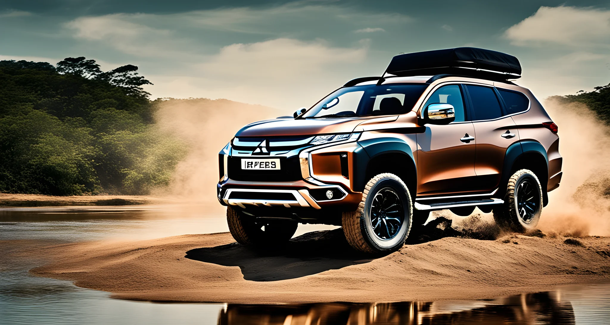 The image features a 2023 Mitsubishi Pajero Sport, a rugged 4x4 vehicle designed for off-roading adventures.