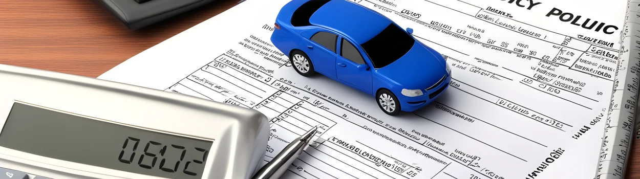 The image features a car, an insurance policy document, and a financial calculator.