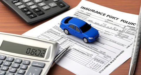 The image features a car, an insurance policy document, and a financial calculator.