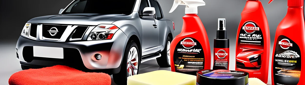 The image features a collection of car care products and tools specifically designed for Nissan vehicles. These include car wax, microfiber cloths, tire shine, car wash soap, and interior cleaning supplies.