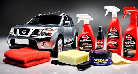 The image features a collection of car care products and tools specifically designed for Nissan vehicles. These include car wax, microfiber cloths, tire shine, car wash soap, and interior cleaning supplies.