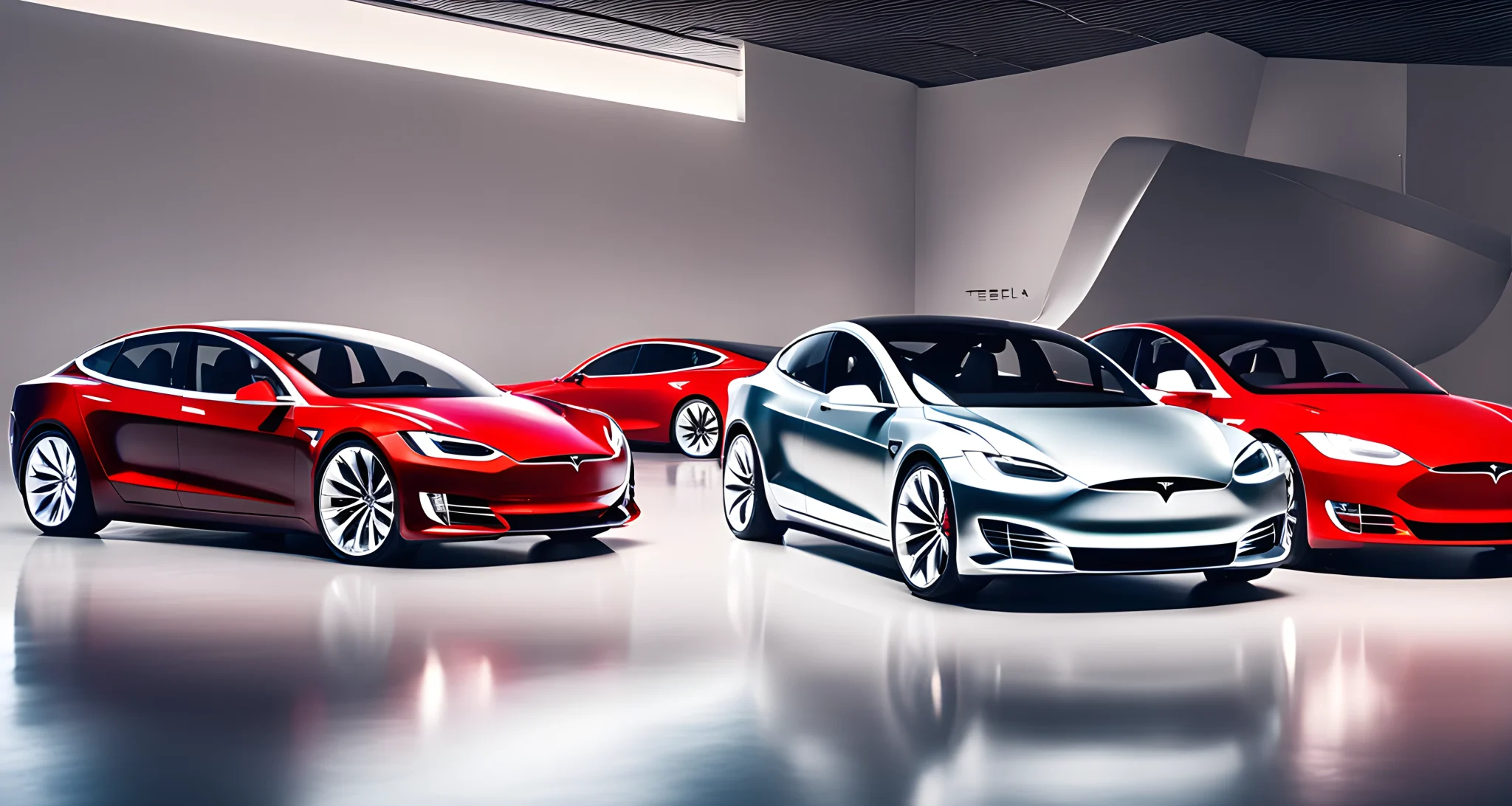 The image features a collection of Tesla concept cars and prototypes showcasing various design directions.