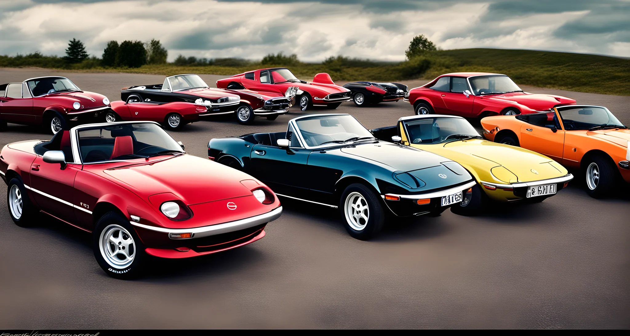 The image features a collection of vintage Mazda classic cars, including the RX-7, Miata, and MX-5.