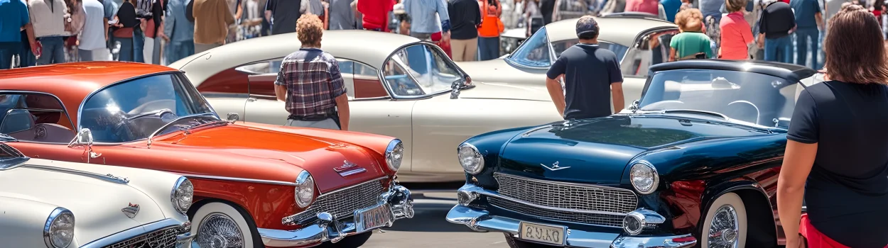 The image features a crowd of people admiring a variety of classic and modern cars at a car show.