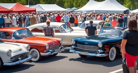 The image features a crowd of people admiring a variety of classic and modern cars at a car show.