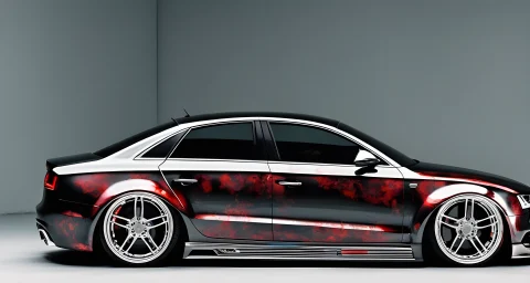 The image features a customized Audi with aftermarket parts and modifications.