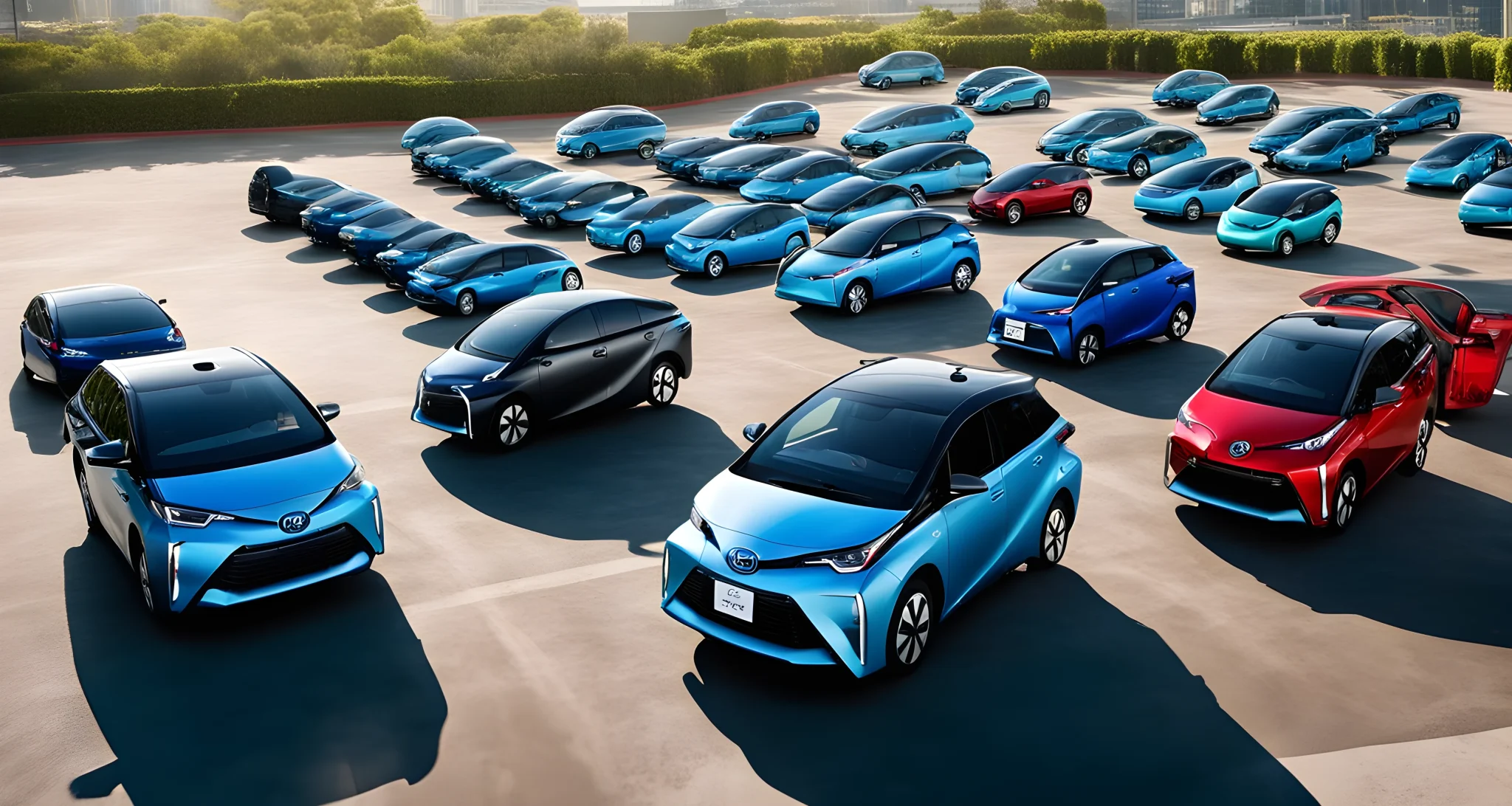 The image features a fleet of Toyota electric vehicles and hydrogen fuel cell vehicles, showcasing the company's advancements in eco-friendly transportation.