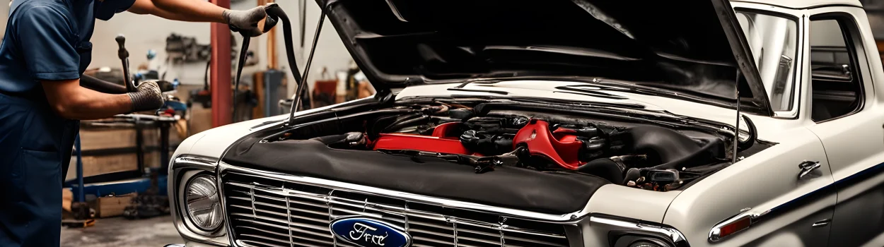 The image features a Ford car with its hood open, a set of tools, and a mechanic's hands working on the engine.