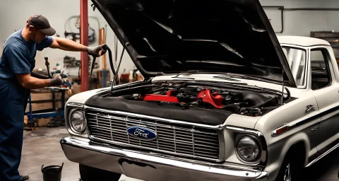 The image features a Ford car with its hood open, a set of tools, and a mechanic's hands working on the engine.