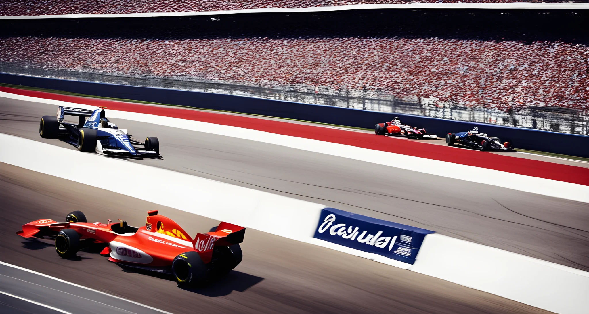 The image features a Formula 1 car and a NASCAR vehicle side by side on a racetrack, surrounded by spectators in the grandstands.