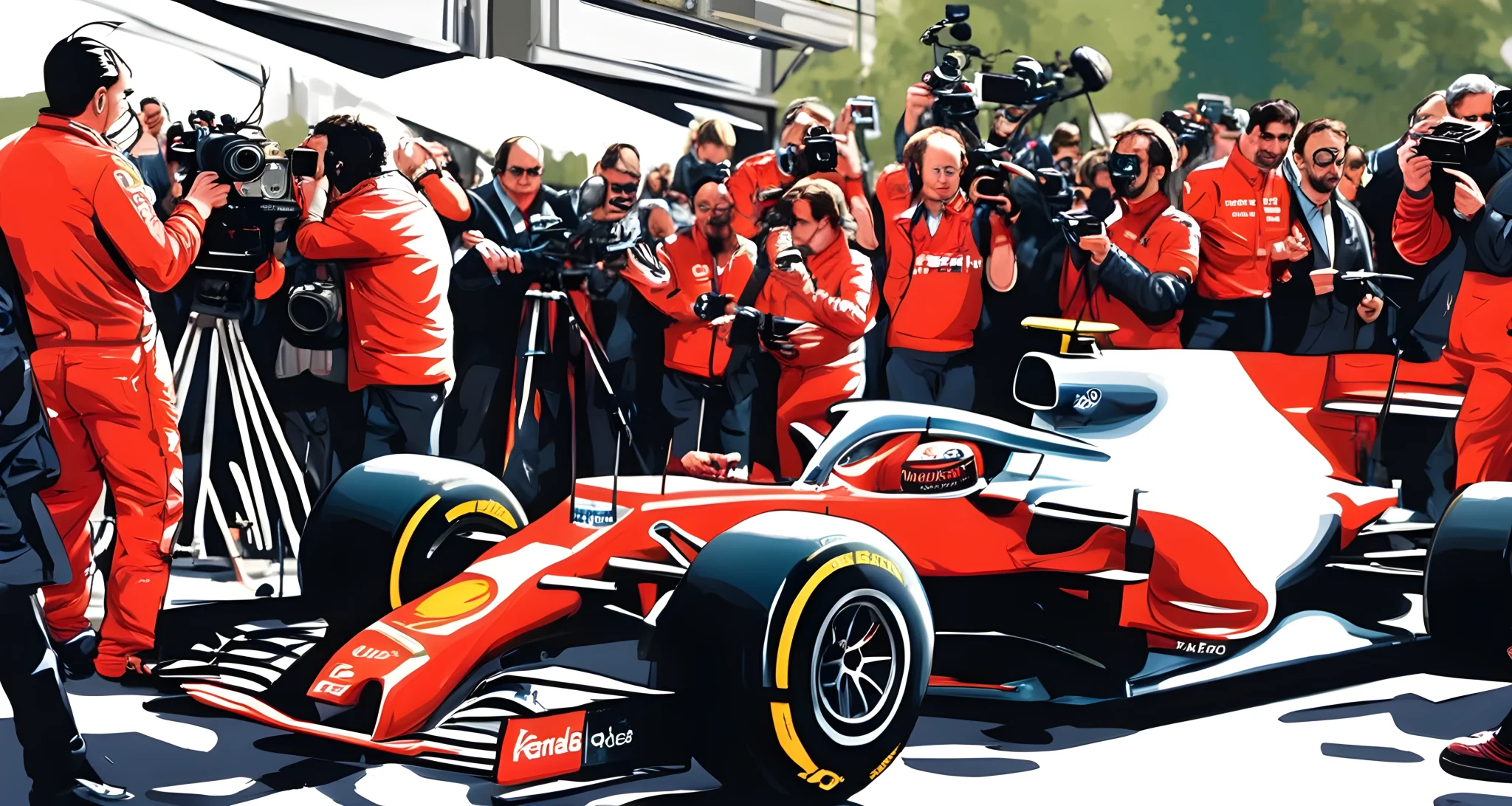 The image features a Formula One car surrounded by cameras and journalists.