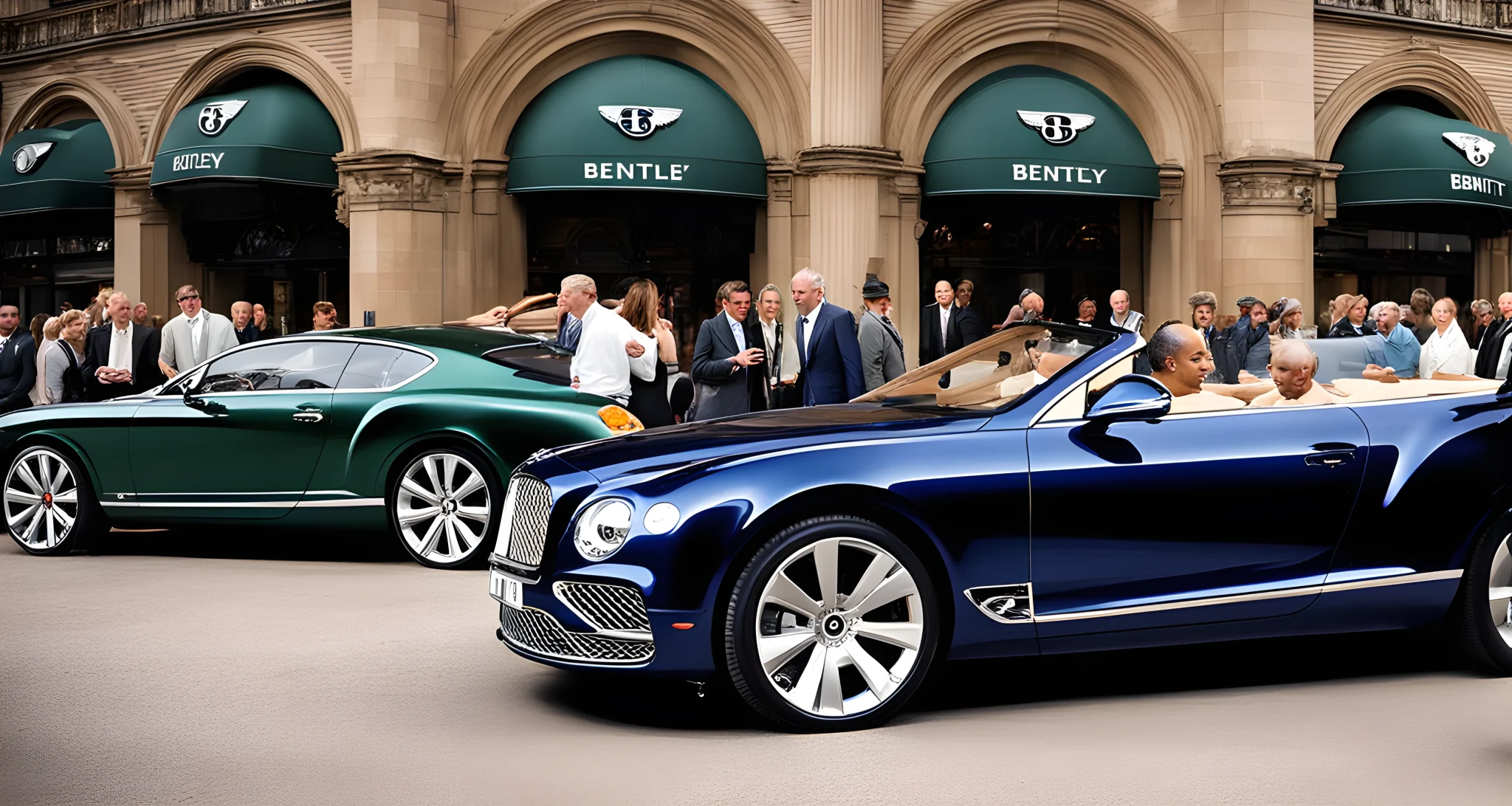 The image features a gathering of luxury cars and their owners at a Bentley enthusiast event. The sleek, polished vehicles are the focal point of the photograph, surrounded by a group of people chatting and admiring the cars.