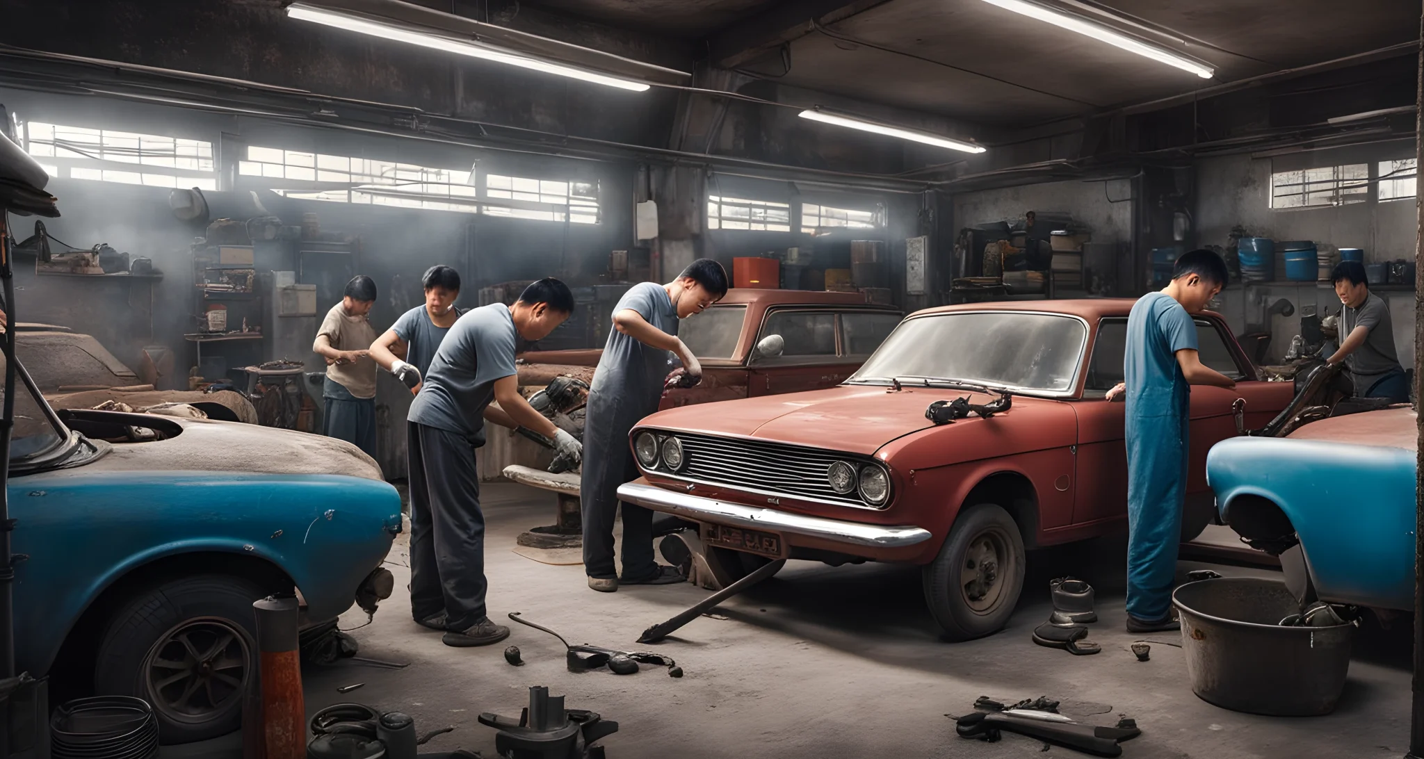 The image features a group of people working on cars in a community garage in China. There are various tools and car parts visible in the background.