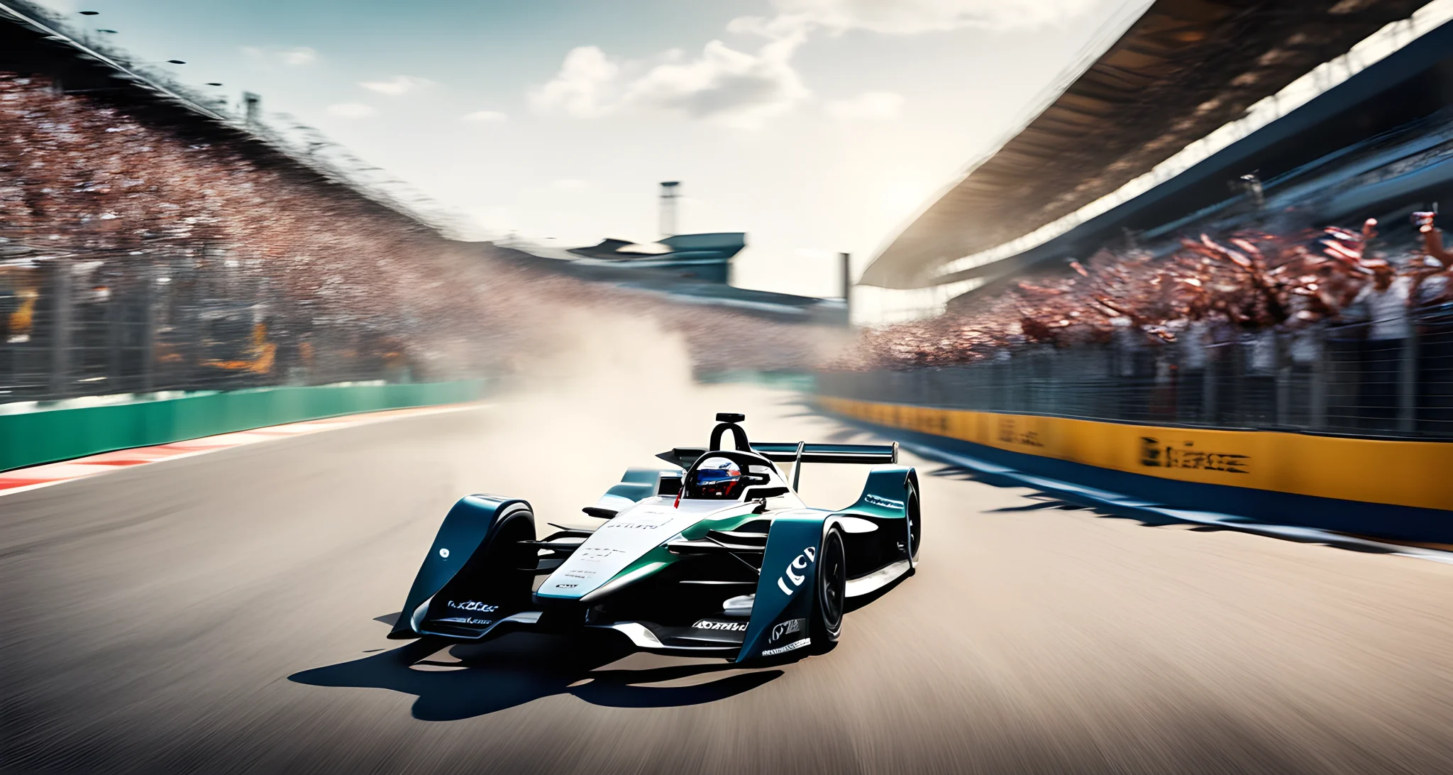 The image features a Land Rover Formula E race car speeding around a race track, surrounded by cheering fans.